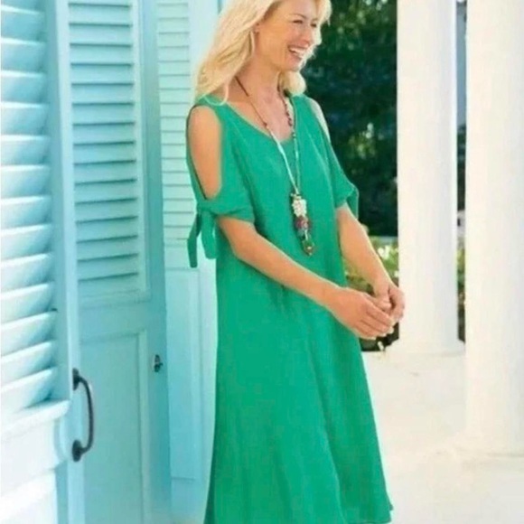 Soft Surroundings Boho Dress. Green with Cold Shoulders. Size Small-medium - Picture 1 of 6